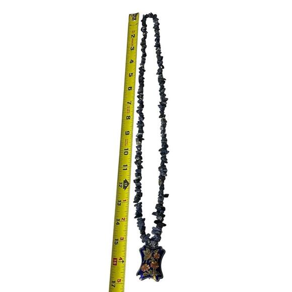 Vintage 70s Lapis Lazuli Necklace w/ Cloisonne Butterfly Pendant 15” Hand-Beaded - Picture 9 of 11